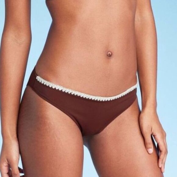 NWT Women's Crochet Trim Cheeky Bikini Bottom - Shade & Shore Brown Size L - Picture 1 of 4